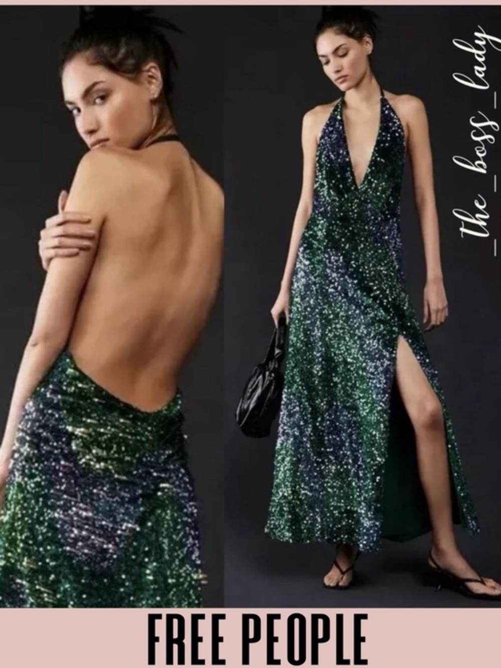 Free People maxi dress Medium sequins on velvet halter slit event evening